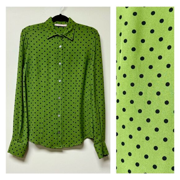 R.E.D. VALENTINO Green Button Down Blouse With Black Polka Dots, Sz 42 (6) - Picture 1 of 11